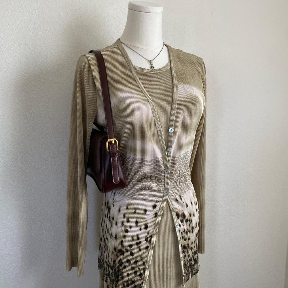 Vintage 1990s Tess Tan Plisse Slinky Knit Two Piece Maxi Dress and Cardigan